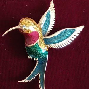 Colorful hummingbird gold red blue and green enamel